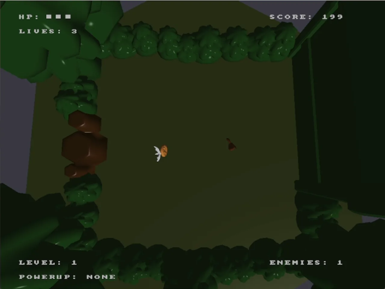 Level 1 arena: the squirrel faces a flying enemy, with HP, lives, score, level, and powerup state on the HUD
