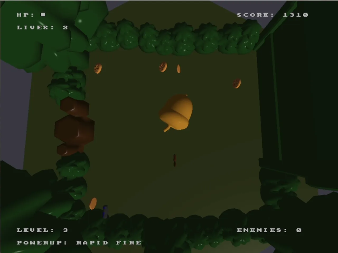 Level 3 cleared: the giant golden acorn with no enemies left and 1,310 points